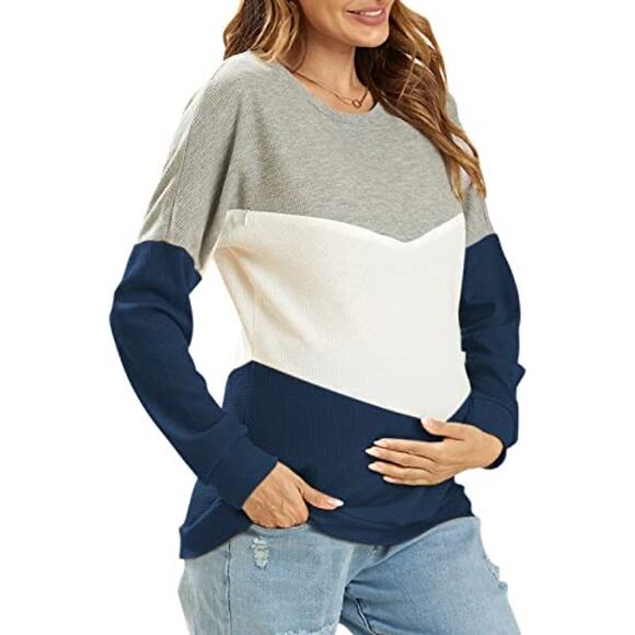 IFFEI Maternity Nursing Top Size L Long Sleeve Patchwork Breastfeeding Tee Shirt - Picture 1 of 8